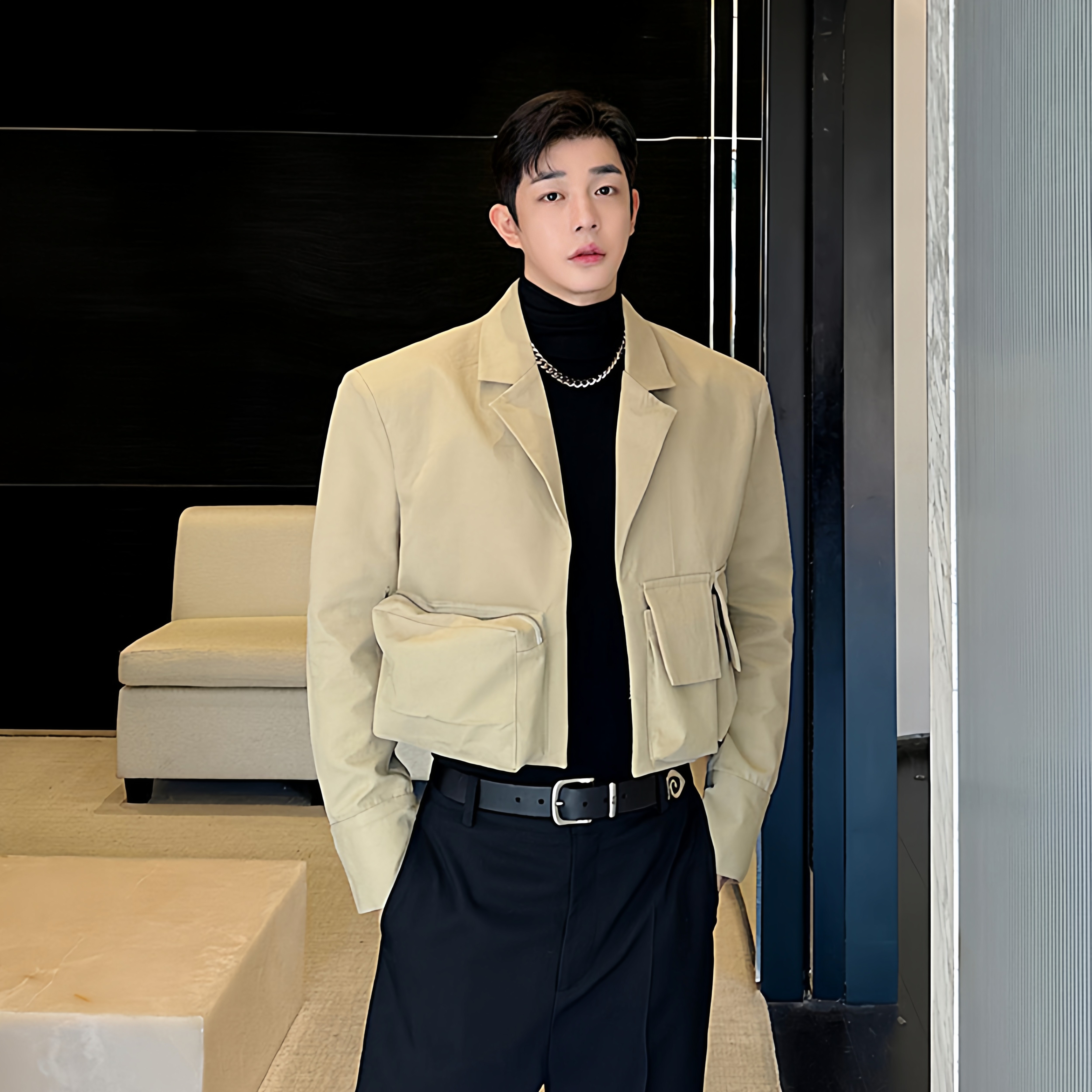 明星同款25秋装小众立体多口袋廓形短款西装外套三色男女 W10516