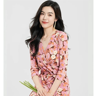 长裙花色连衣裙 欧代DVF春夏气质绝美粉红碎花女人味高级感一片式