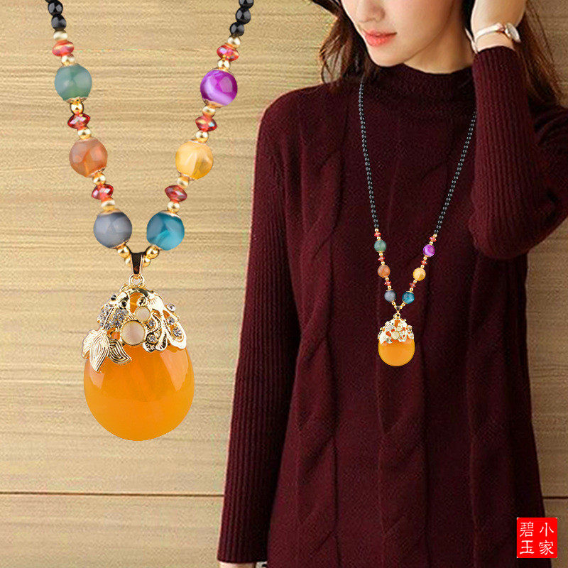 水滴蜜蜡复古项链长款民族风毛衣链女棉麻配饰品百搭中式吊坠挂件