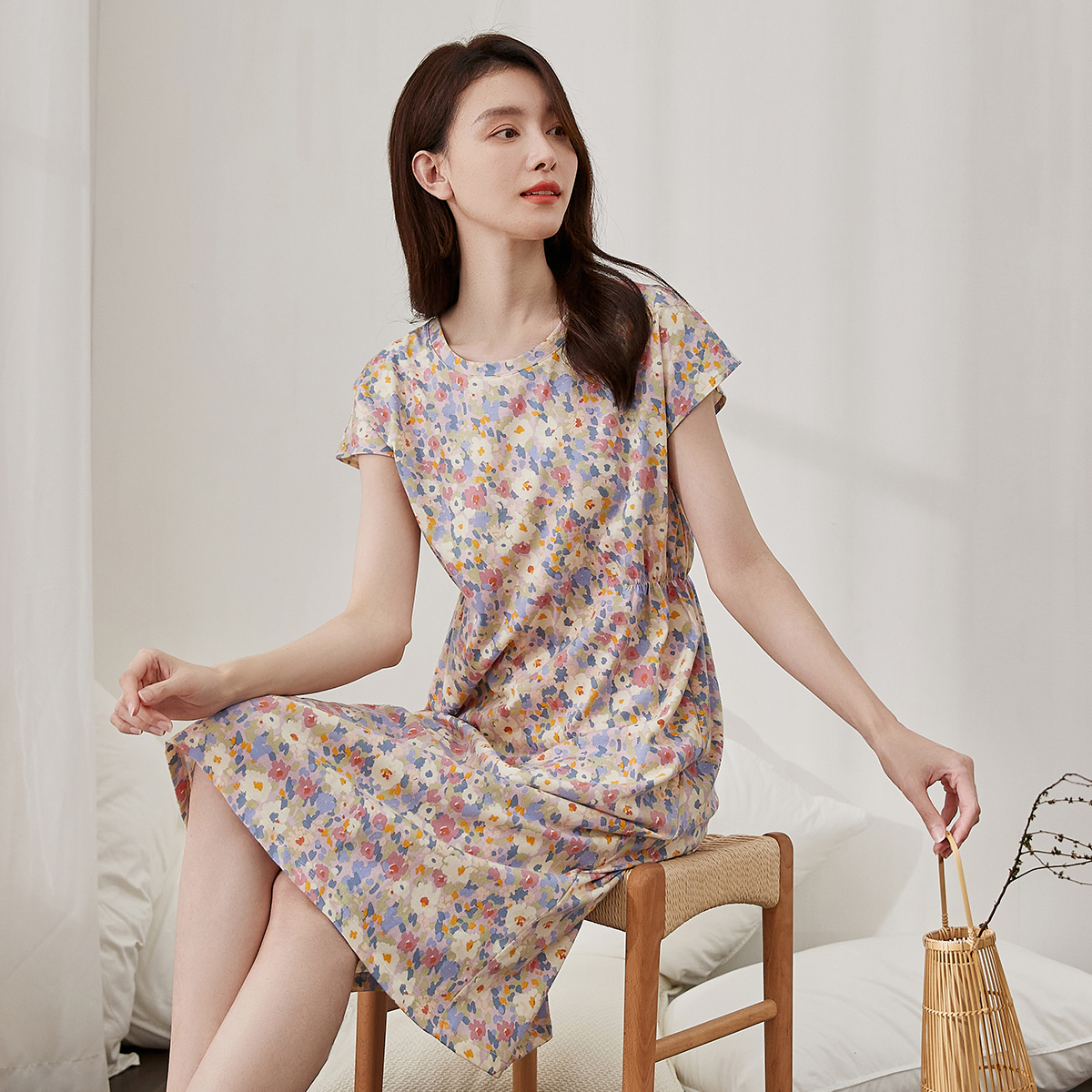 顶呱呱官方旗舰店碎花睡裙夏季女款2025新款纯棉睡衣连衣裙家居服