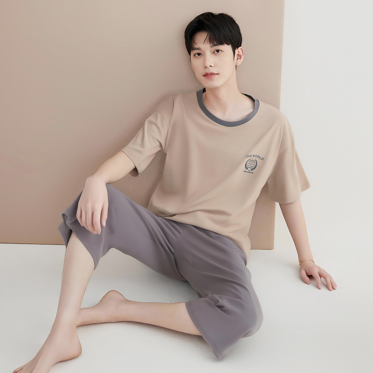 顶瓜瓜阳光棉夏季男士睡衣套头圆领简约短袖七分裤纯棉家居服套装