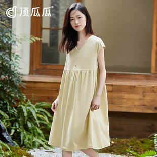 顶瓜瓜女士纯棉睡裙夏季 宽松100%家居睡裙 小清新纯色V领短袖 大码