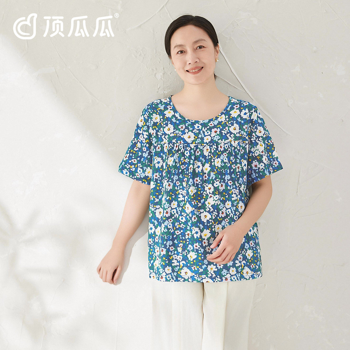 顶瓜瓜纯棉中老年碎花T恤上衣