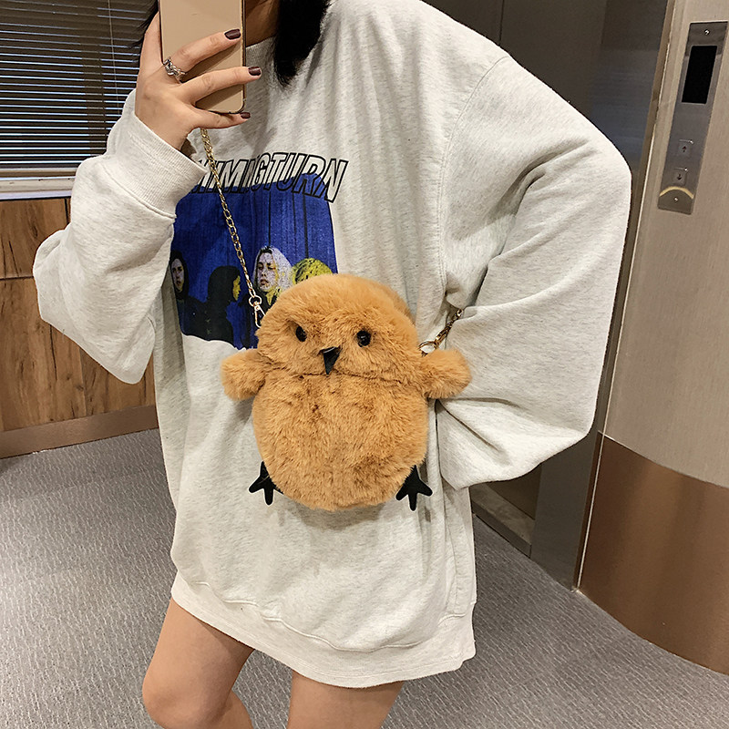 可爱动物毛绒包包女包2024新款潮韩版流行百搭ins链条单肩斜挎包