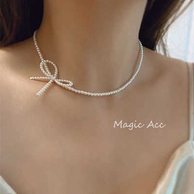 气质温柔蝴蝶结珍珠项链纯银