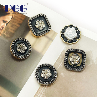 复古小香风茶花扣方形圆形锁链边金属纽扣立体花朵双拼女装 大衣扣