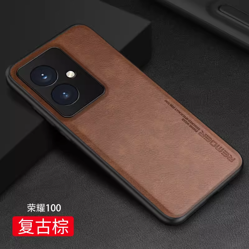 适用荣耀100壳真皮新款华为honor100pro保护套p100曲屏专用x100全包防摔pr0系列一百外壳男por磨砂新品高级感