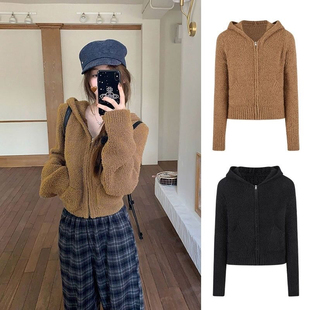 2025秋冬新款美拉德软糯毛衣连帽针织开衫拉链外套短款外搭上衣女