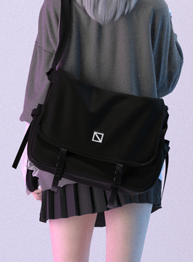 YONAIGA+ 日系学院风邮差包男ins复古百搭黑色帆布斜挎包电脑女