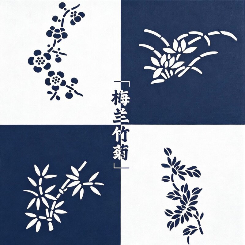 [梅兰竹菊]塑料拓印模具非遗型糊染蓝染镂空模板蓝印花布草木扎染