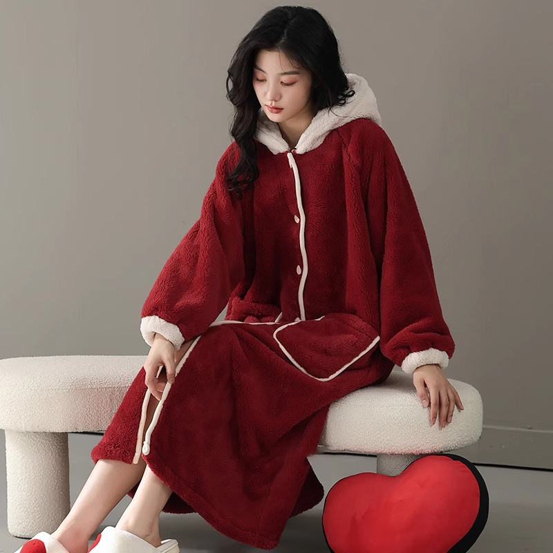 高端新年红色珊瑚绒睡袍女秋冬季加绒长款睡衣结婚法兰绒浴袍套装