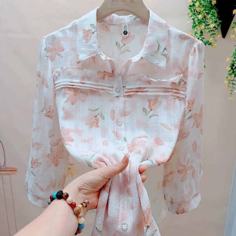 夏季新款甜美七分袖印花衬衫女宽松时尚洋气百搭减龄雪纺衬衣上衣