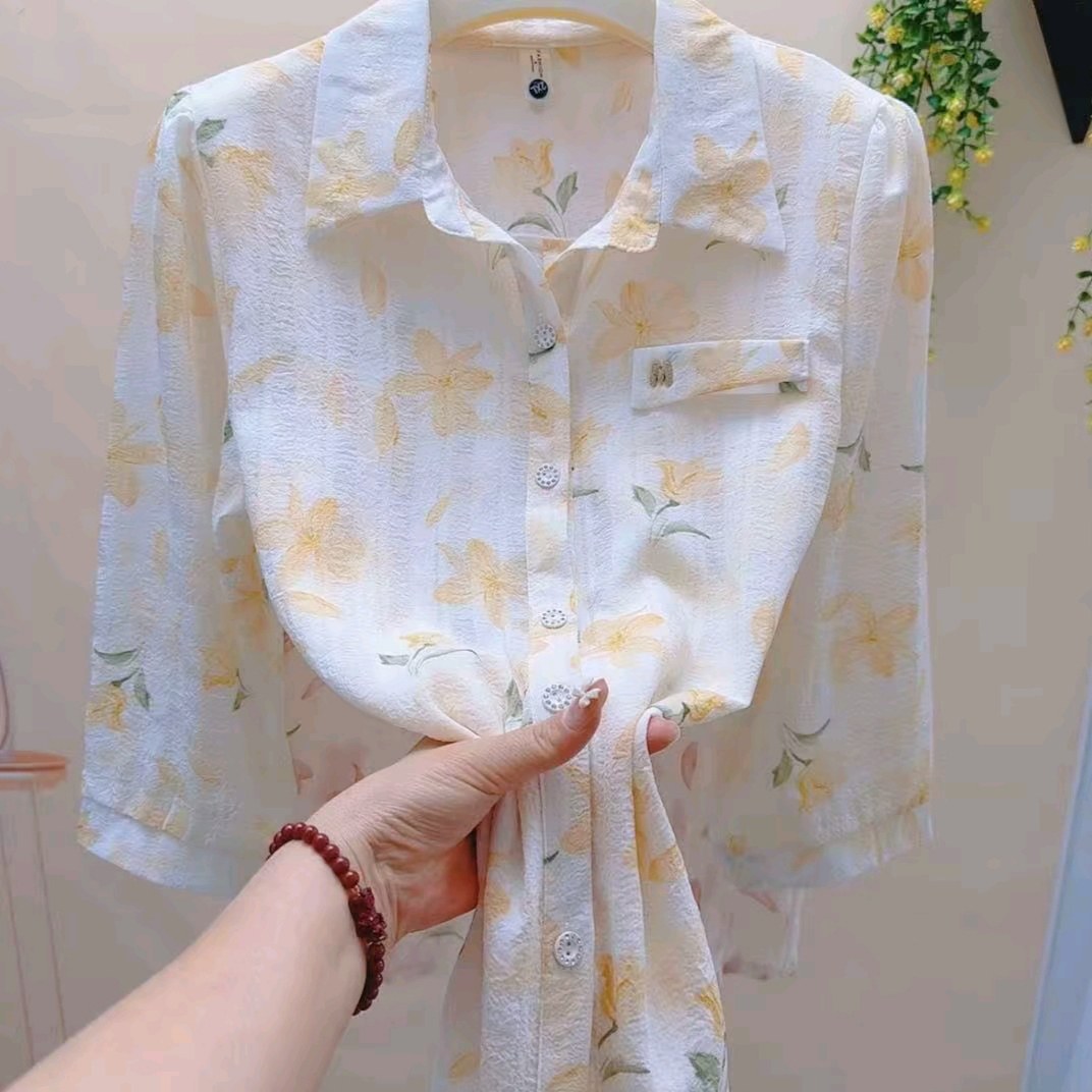 夏新款时尚百合花大码衬衫女洋气宽松显瘦遮肉减龄衬衣上衣开衫