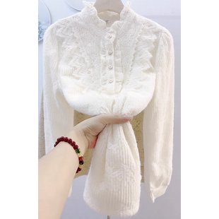 冬立领木耳边加绒蕾丝打底衫女宽松显瘦小香风上衣加厚衬衫小衫