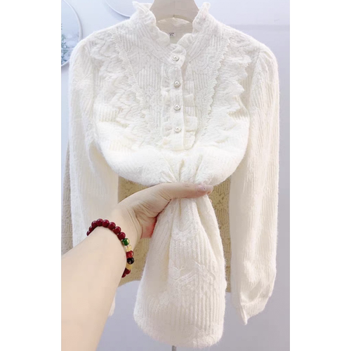 冬立领木耳边加绒蕾丝打底衫女宽松显瘦小香风上衣加厚衬衫小衫