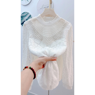 秋冬时尚小香风圆领蕾丝打底衫钉珠镶钻宽松衬衫洋气显瘦上衣女