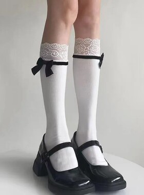 春夏季新款甜美Lolita蝴蝶结黑白色简约日系蕾丝花边透气小腿袜