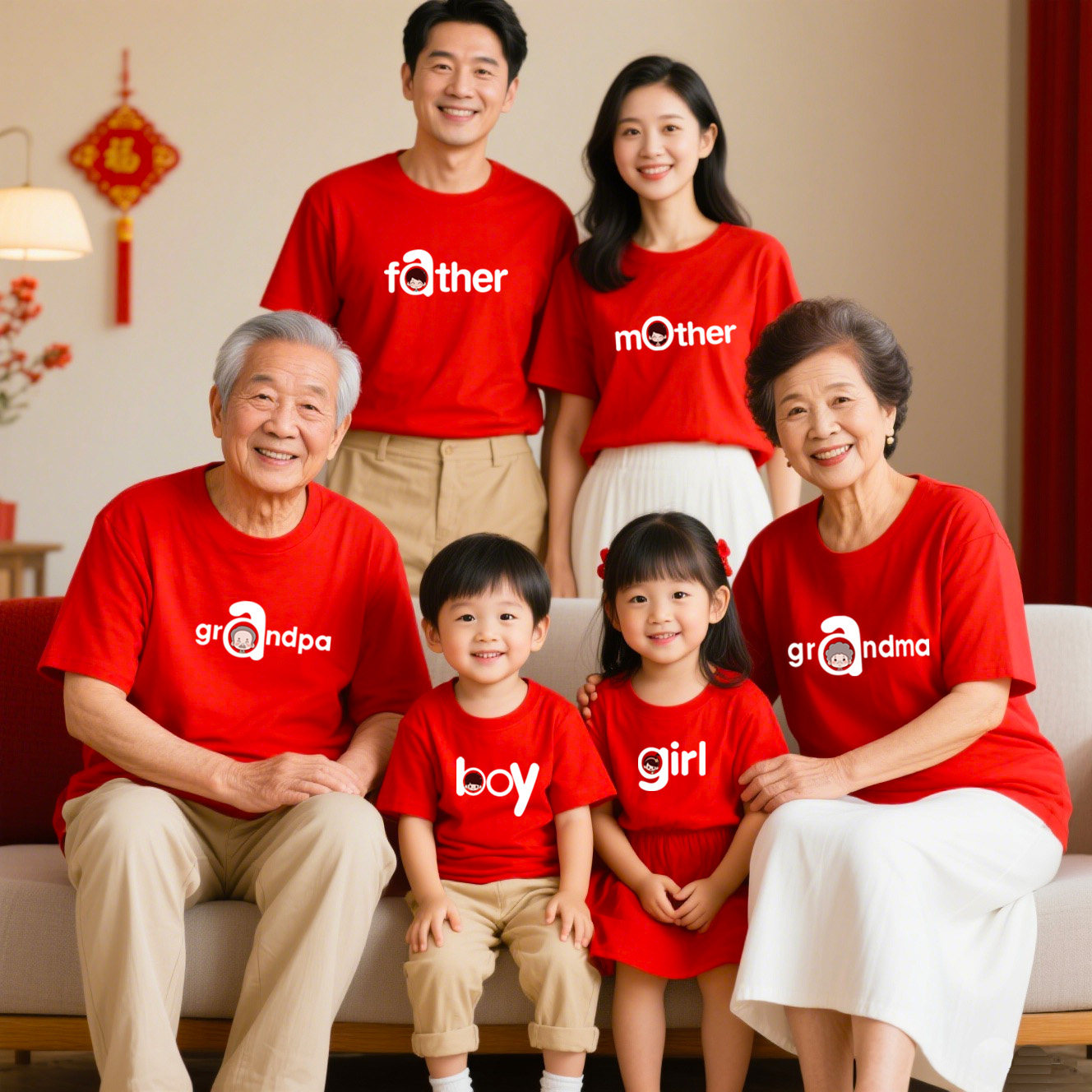 红色全家福亲子装t恤纯棉短袖爷爷奶奶四口六口祖孙三代七口家庭
