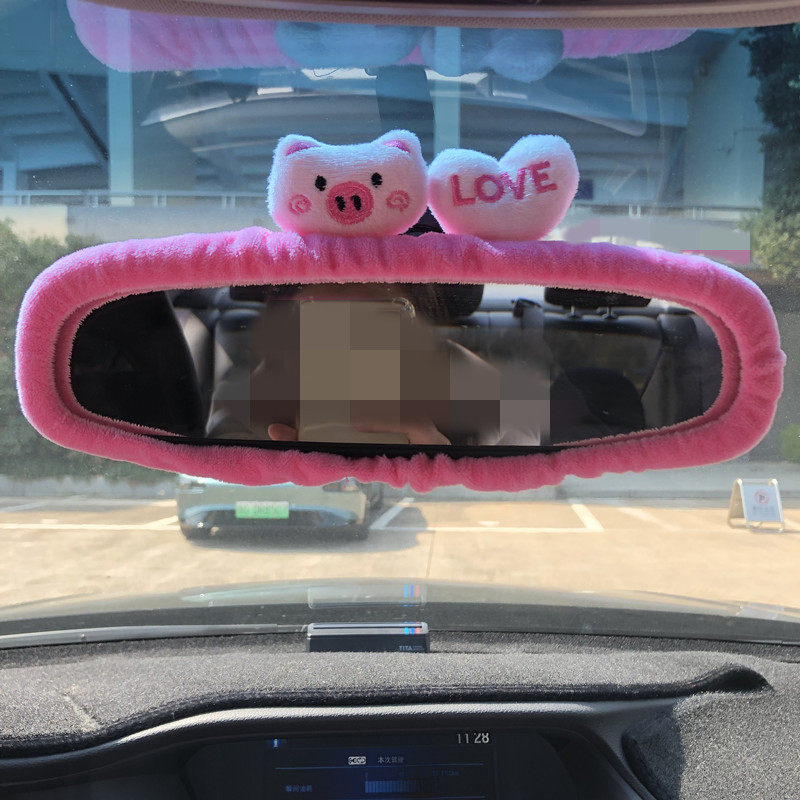 跨境汽车后视镜套装饰短绒可爱卡通爱心小猪倒车镜套汽车内饰
