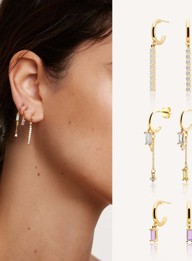 925纯银镀18K金宝石耳钉长耳坠耳环小众女欧美风夏叠戴流苏不对称