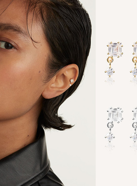 西班牙夏日新款纯银方形挂小钻 简约冷淡风小耳钉女 潮小巧高级