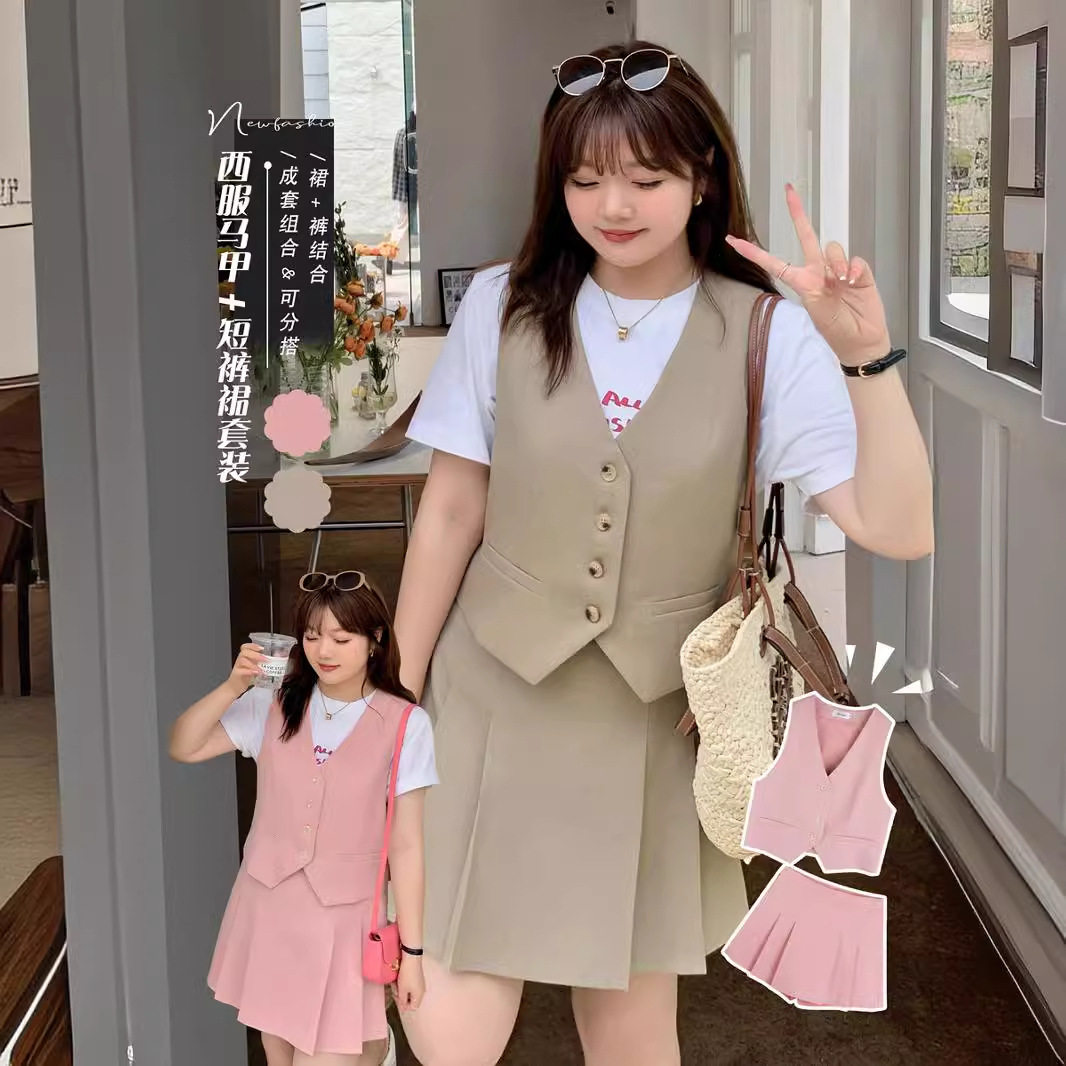 2024大码女装夏款新款西装上衣裙裤时尚甜美套装撞色胖妹妹套装