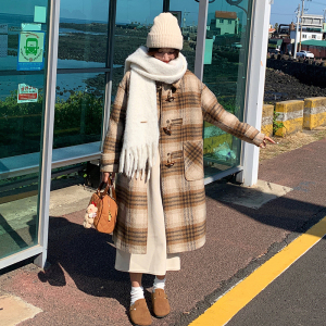 复古格纹白鸭绒内胆毛呢外套女2024新款冬季韩系加厚爆款呢子大衣图片