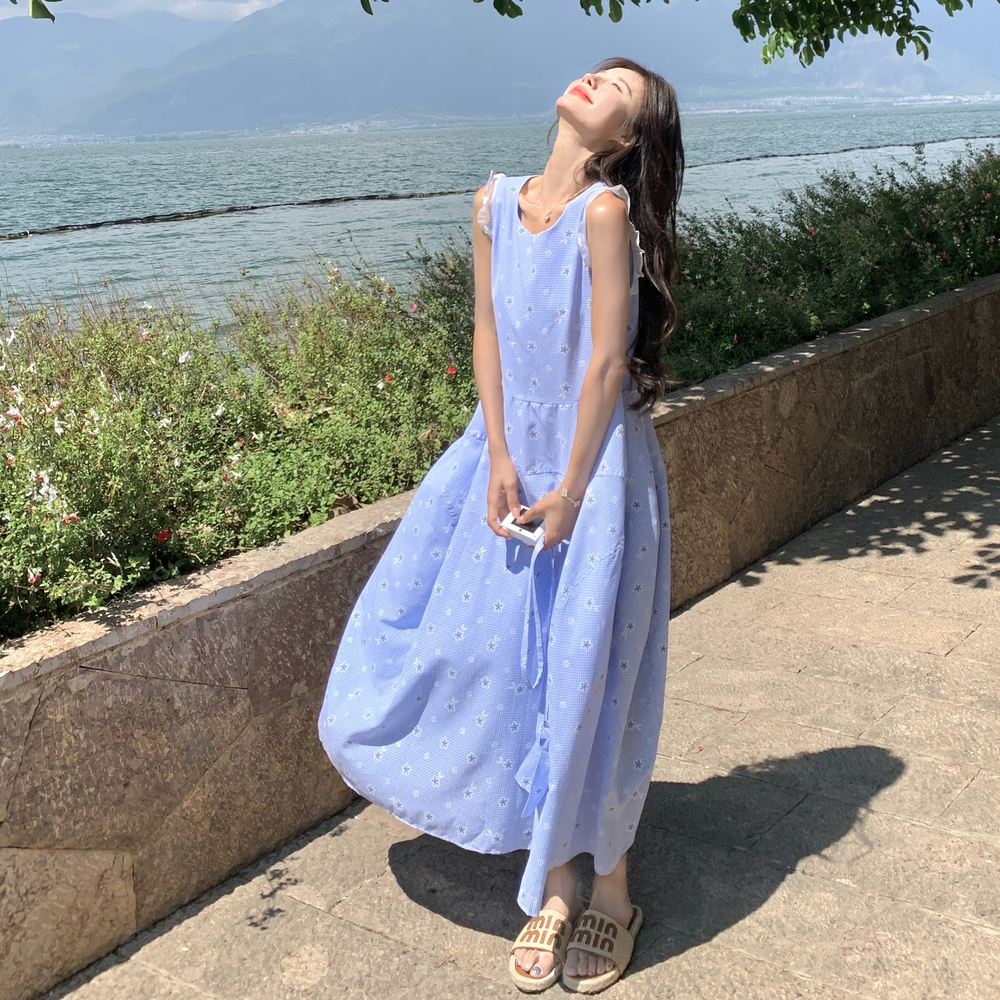 法式超仙浅蓝色连衣裙女2025夏季新款韩系减龄无袖印花背心长裙子，商品下架区商品下架区，浙宝189