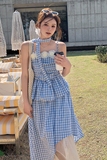 法式蓝格吊带上衣半身裙两件套女2025夏新款高级感气质半身裙套装，商品下架区，浙宝189
