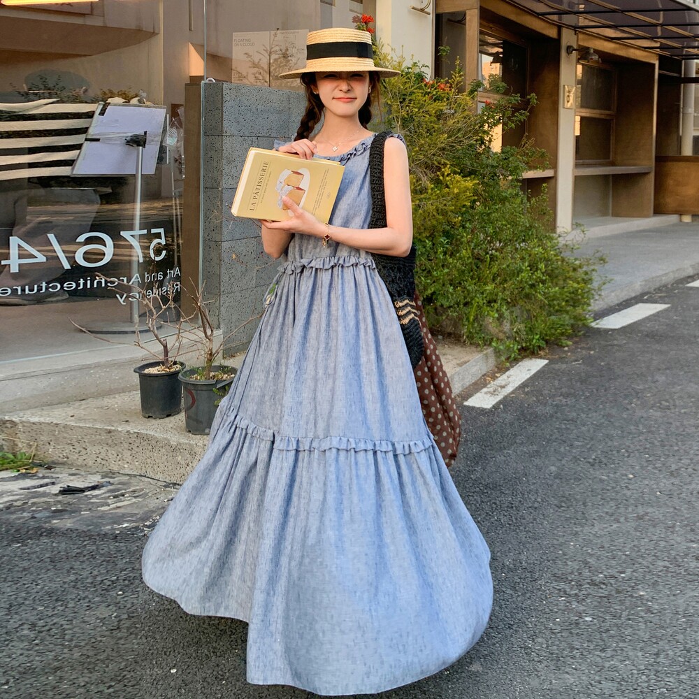 【现货】木耳边腰部可抽绳牛仔连衣裙735-P135-K198,女装连衣裙,浙宝189