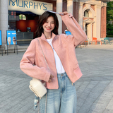 粉色麂皮绒开春外套女款春秋2025新款韩系小个子美式立领夹克上衣，女装短外套，浙宝189