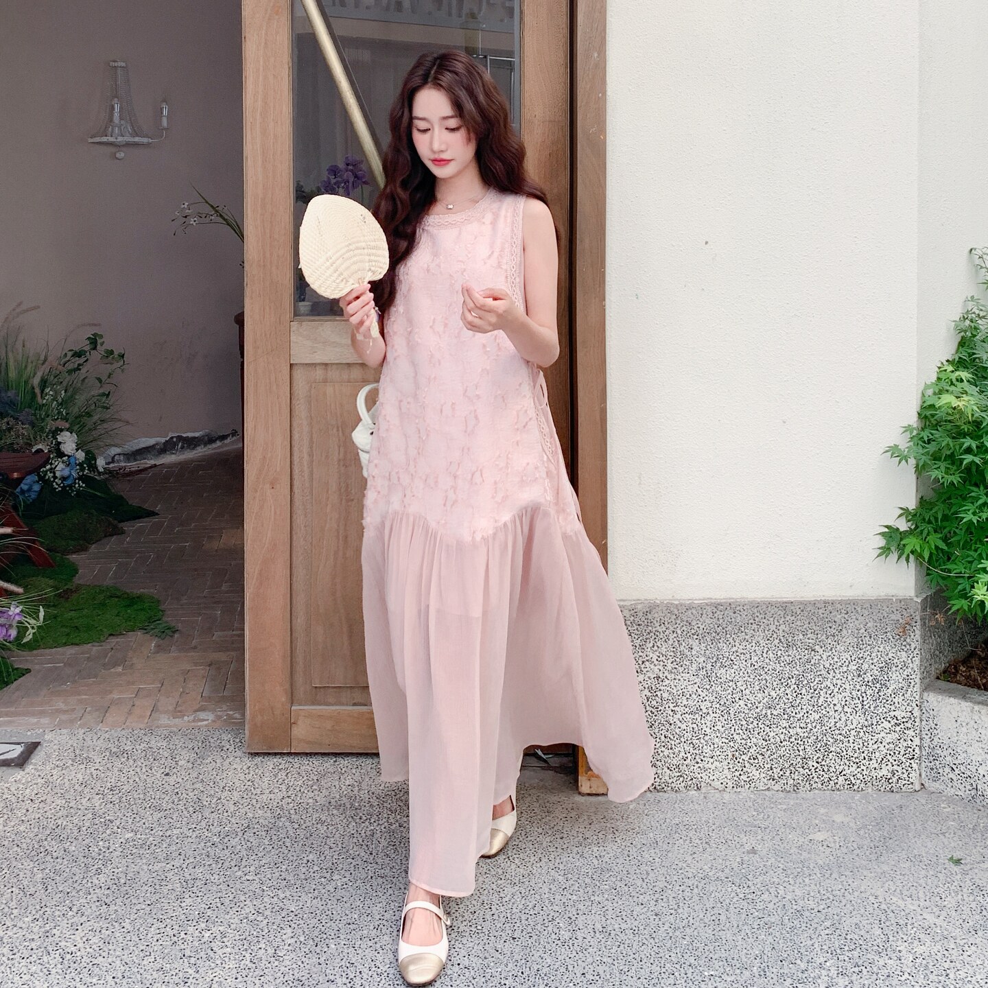 粉色薄纱拼接无袖连衣裙女2025夏季新款法式超仙甜美度假风长裙潮,女装连衣裙,浙宝189