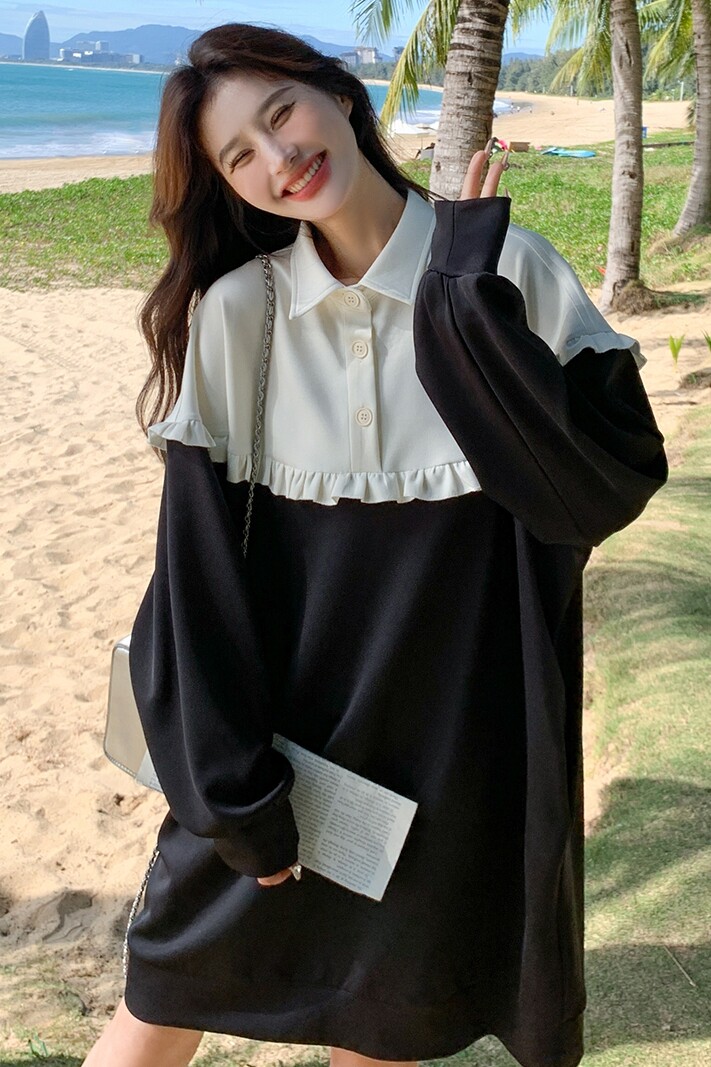 韩版针织拼接卫衣连衣裙女2025春秋季新款学院风宽松减龄休闲长裙,女装连衣裙,浙宝189