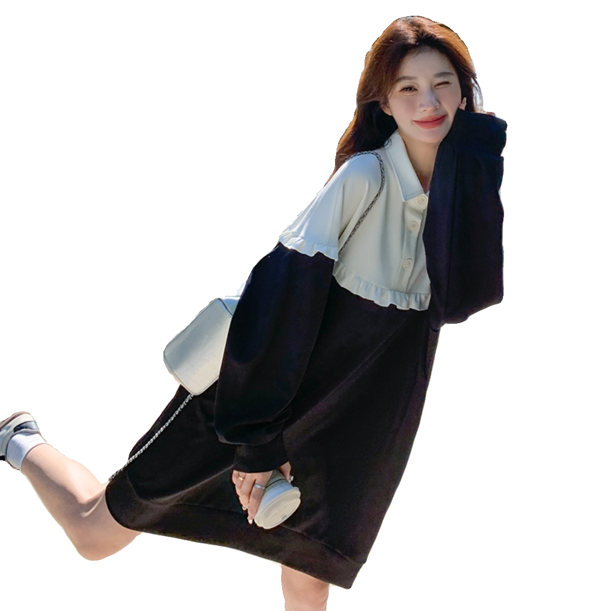 韩版针织拼接卫衣连衣裙女2025春秋季新款学院风宽松减龄休闲长裙,女装连衣裙,浙宝189