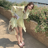 黄绿色碎花防晒衣套装女夏季2025轻薄长袖连帽外套开衫短裤两件套，女装运动套装，浙宝189