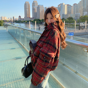 韩系学院风红色格子短款羽绒棉服女冬季小个子减龄加厚面包服外套图片