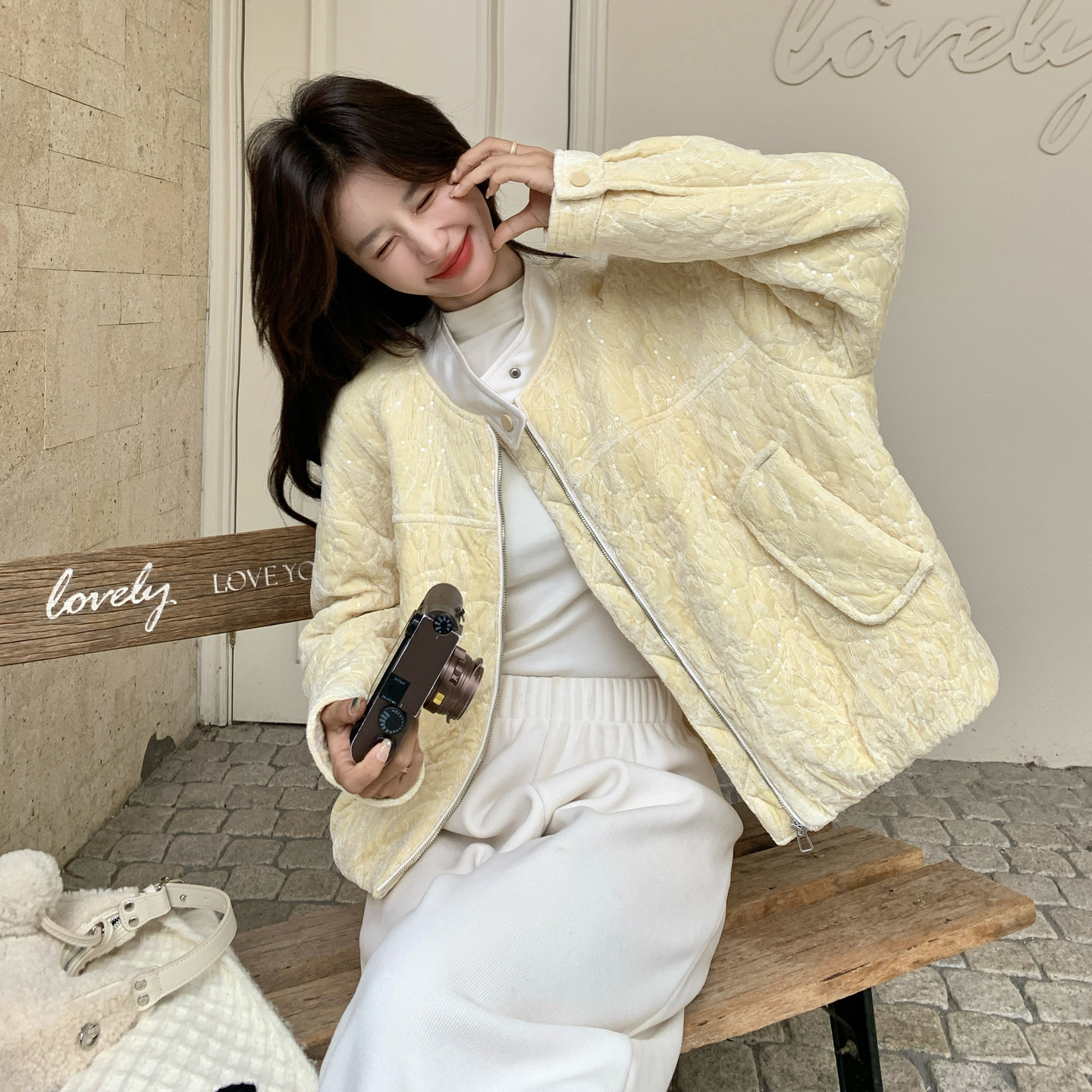 韩系蕾丝珠片丝绒棉服女2025年冬季新款甜美氛围感减龄温柔风棉衣,女装棉衣/棉服,浙宝189