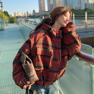 红格子90白鸭绒羽绒服外套女冬季新款小个子加绒短款加厚面包服图片