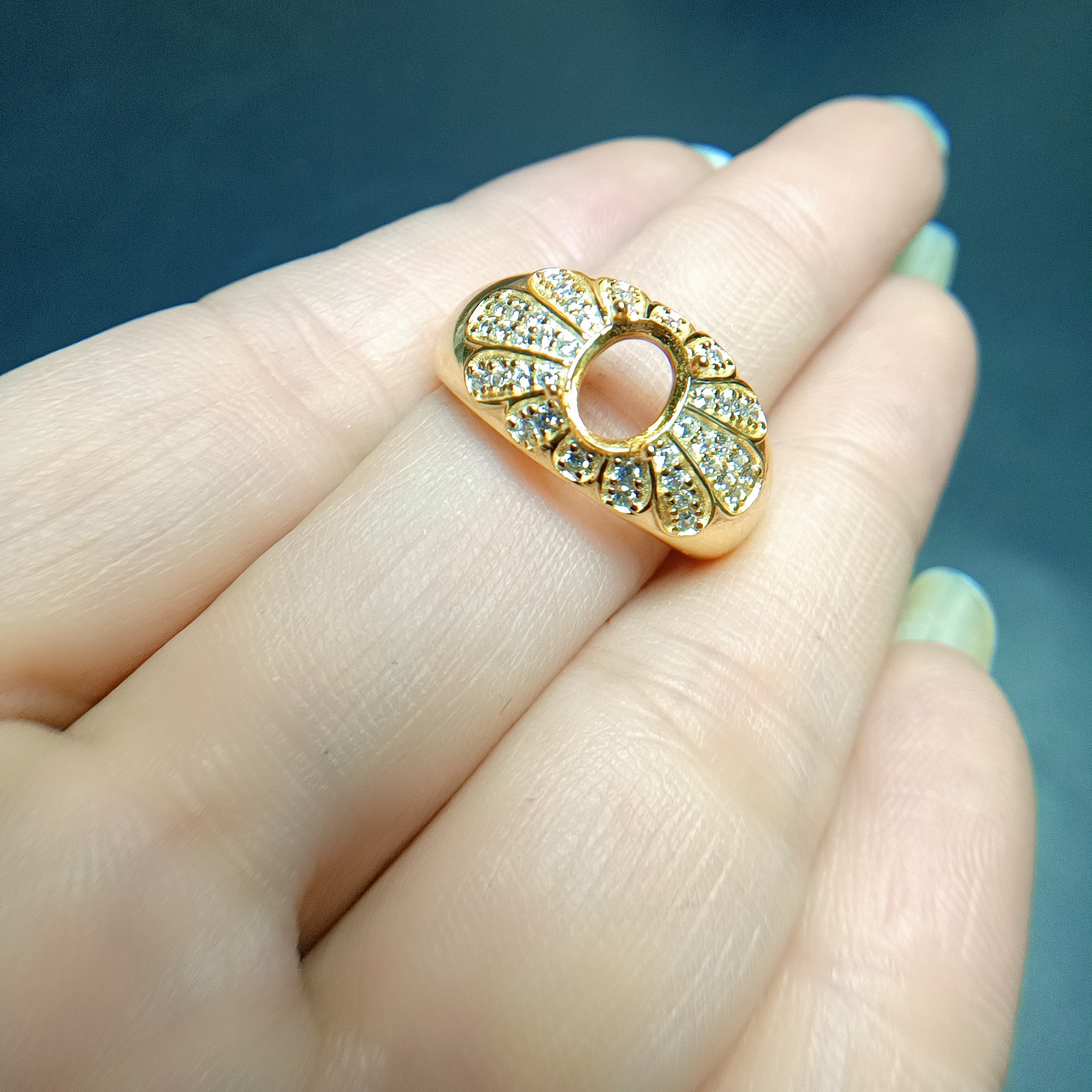 复古风镶钻 S925银戒指 镀18K金 女 活圈 时尚空托 椭圆6*8mm