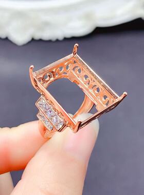 S925银戒指空托 长方15*20mm镀18K白金玫瑰金黄金色 女 镶嵌