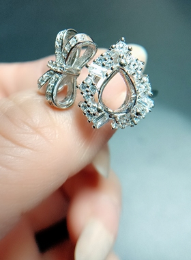 S925纯银镶嵌宝石 戒指 空托6*8mm 水滴形 女 镀白金黄金色