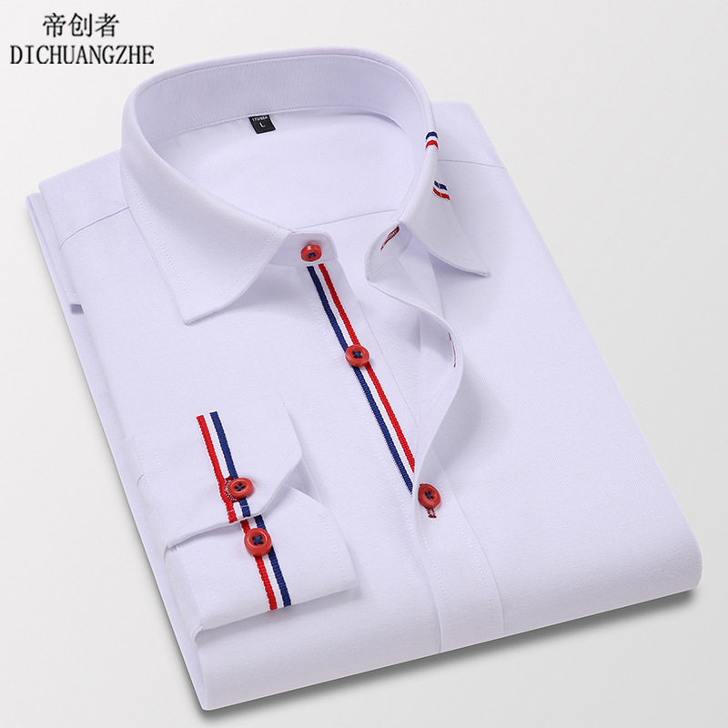 春季新款男士长袖衬衫时尚韩版牛津纺纯色职业装免烫拼接衬衣外套