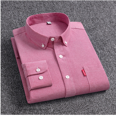 男士牛津纺纯棉衬衣商务休闲长袖衬衫春秋季玫红色全棉中青年短袖