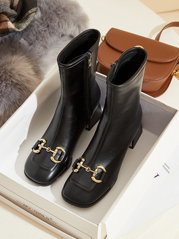 POLITE WHITE LEATHER BLOCK HEEL BOOTS WOMENS AUTUMN WINTER 2024 NEW SQUARE TOE MID-HEEL HORSEBIT VERSATILE SKINNY BOOTS