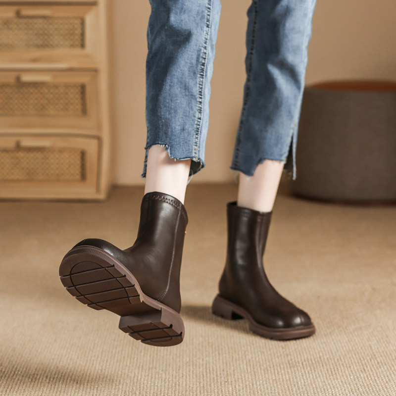 LEATHER CHELSEA BOOTS WOMENS PLATFORM 2024 NEW FALL|WINTER BRITISH STYLE MARTIN BOOTS VERSATILE SMALL ANKLE BOOTS BLOCK HEEL BOOTS
