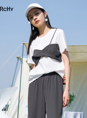 LARCHY来尔佳昵2024夏装圆领假两件T恤