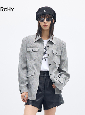 LARCHY来尔佳昵2025秋装翻领花灰色短外套