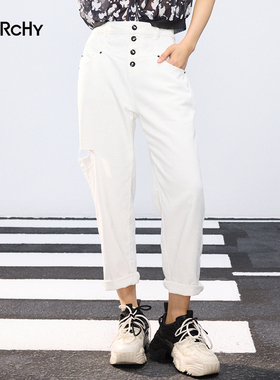 LARCHY来尔佳昵2024夏装锥形割烂牛仔裤