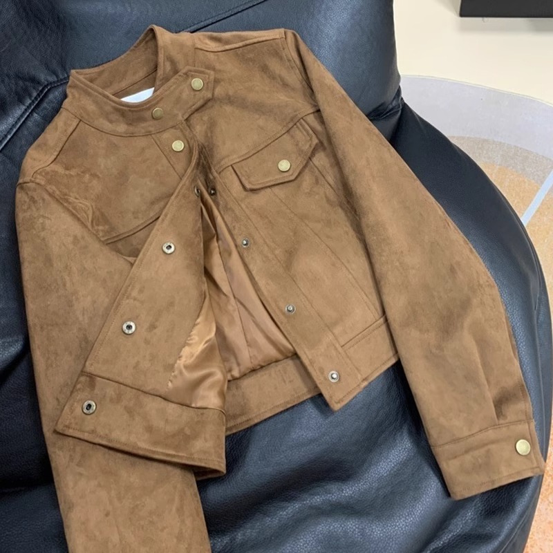 美拉德咖色鹿皮绒皮衣外套女春秋设计感小众小个子短款机车服