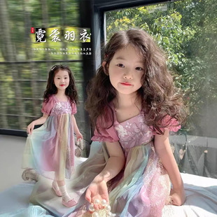 童装女童民族风裙子2024夏季新款汉服儿童唐朝纱裙宝宝刺绣连衣裙